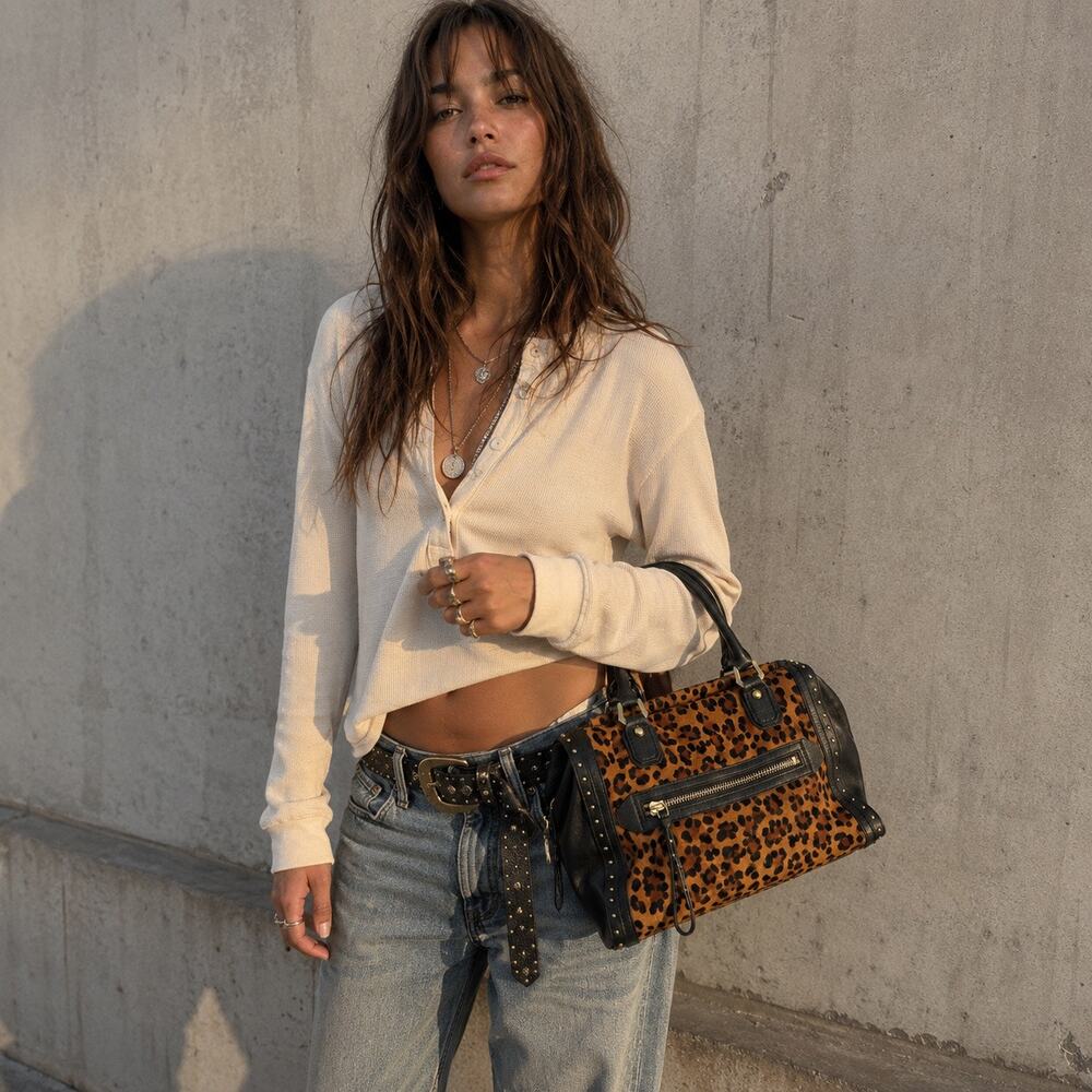 Vintage orYANY Leopard Calf Hair Leather Studded Satchel Shoulder Bag